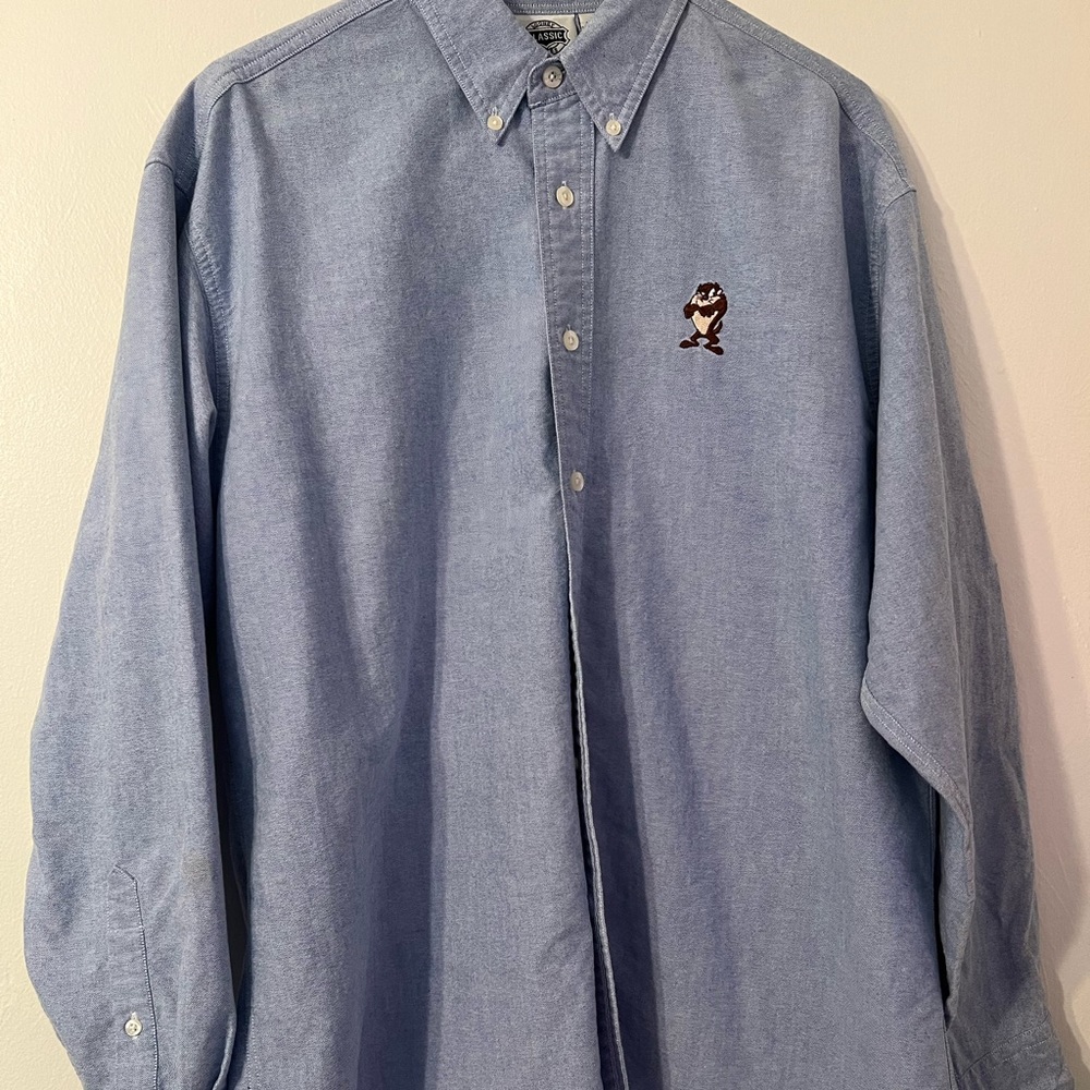 Vintage 90's Looney Tunes Denim Button Down Shirt Size MED - Embroidery Taz.